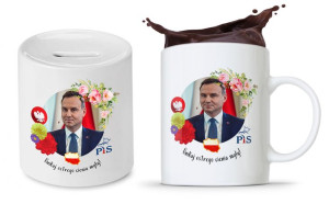 Zestaw Andrzej Duda Pis Prezent Kubek + Skarbonka