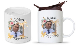 Zestaw Andrzej Duda Pis Prezent Kubek + Skarbonka