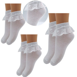 3x Stopki Bawełniane Dziewczęce Białe Koronka 12-24 M-ce