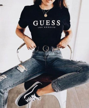 Koszulka Damska Guess Los Angeles Gues Czarna bawełniana T-shirt 2023 r. M