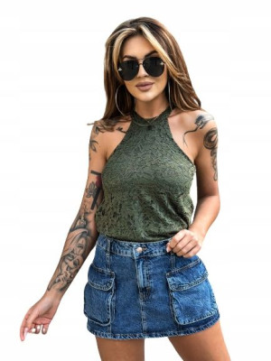 Koronkowy Top z Dekoltem Typu Halter-Khaki