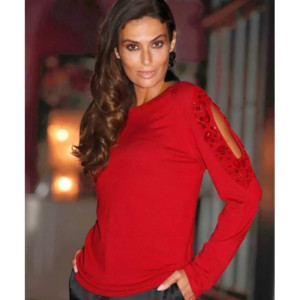 Bonprix Czerwony Sweter Pullover Odkryte Ramiona Cyrkonie 40-42 910918