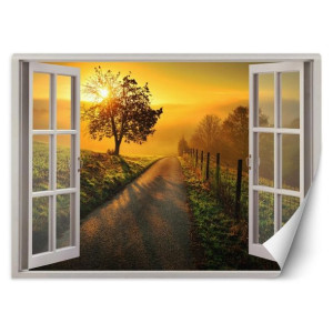 fototapeta, okno - zachód słońca nad drogą - 140x100