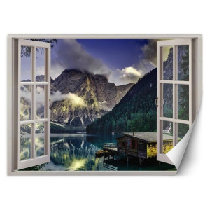 fototapeta, okno - widok na jezioro w górach - 140x100