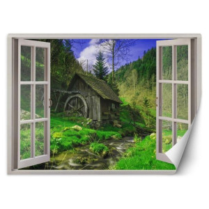 fototapeta, okno - widok na chatkę w lesie - 140x100