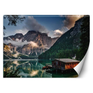 fototapeta, domek nad górskim jeziorem - 350x245
