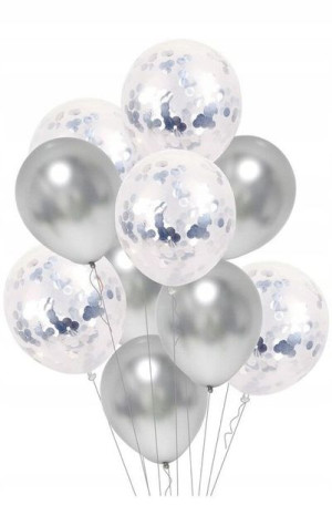 Balony 5x chrom 5x z konfetti srebrne 12"