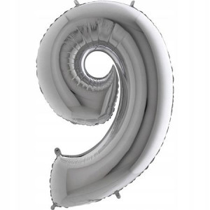 Włoski Balon Foliowy Na Hel Cyfra 9 Srebrna 70cm