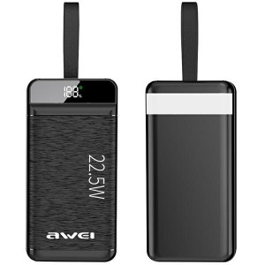 Powerbank AWEI P140K 30000mAh 22.5W czarny/black 3xUSB/PD/Lightning wyświet
