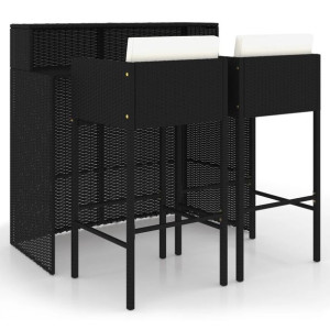 3-cz. zestaw mebli barowych z poduszkami, rattan PE, czarny