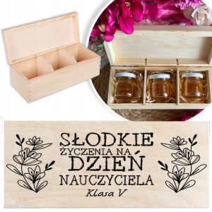 DREWNIANE PUDEŁKO Prezent dla NAUCZYCIELA +3x MIÓD