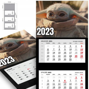 Piękny Trójdzielny Kalendarz 2023 BABY YODA Wzory