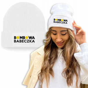 Zimowa Wygodna Czapka Biała BOMBOWA BABECZKA Wzory