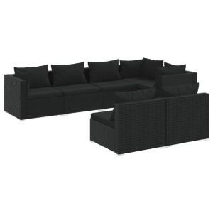 7-cz. zestaw mebli do ogrodu, z poduszkami, rattan PE, czarny