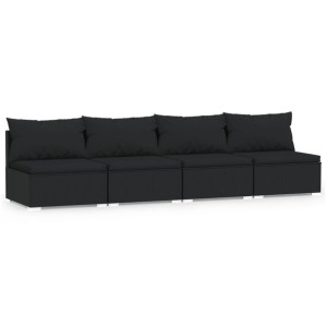 4-osobowa sofa z poduszkami, czarna, polirattan