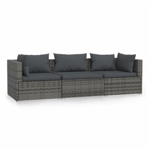 3-osobowa sofa z poduszkami, szara, polirattan