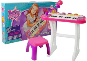 Keyboard ze Statywem Krzesełko Mikrofon Dźwięk Światła Różowy