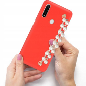 Etui Czerwony Mat Blink do OPPO A8 Perły Łańcuszek