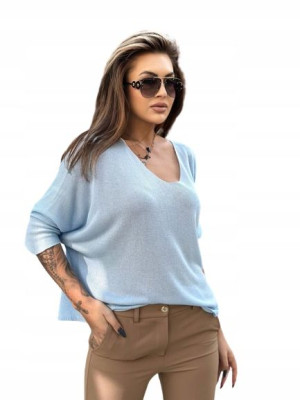 Lekki Sweter Oversize Z Dekoltem Serek V-błękitny