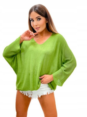 Lekki Sweter Oversize Z Dekoltem Serek V-zielony