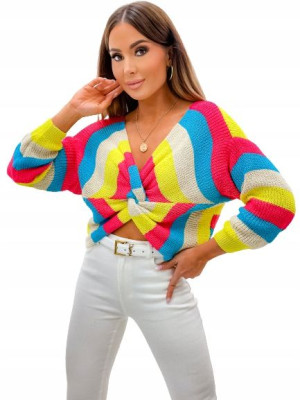 Pastelowy Sweter Dwustronny w Paski ze Splotem