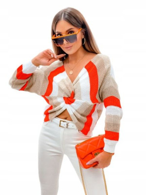Pastelowy Sweter Dwustronny w Paski ze Splotem