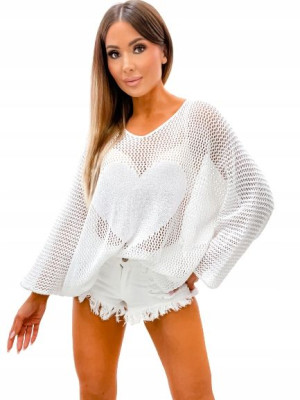 Over Size Sweter z Sercem z Przodu-Biały
