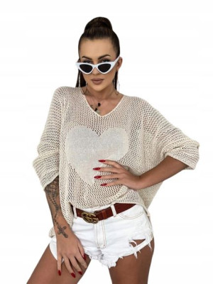 Over Size Sweter z Sercem z Przodu-Beżowy