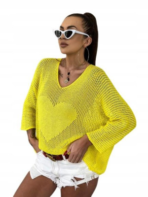 Over Size Sweter z Sercem z Przodu-Żółty