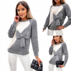 Modne i eleganckie sweter z dużą kokardą SZARY