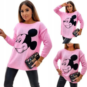 Sweter damski Myszką Miki OVERSIZE Cukierkowy róż