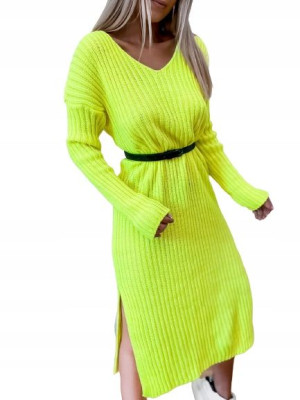 Sukienka sweterkowa z rozcięciem MIDI LIMONKA NEON