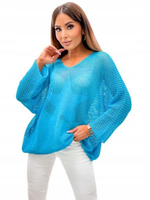 Over Size Sweter z Gwiazdą z Przodu-Niebieski