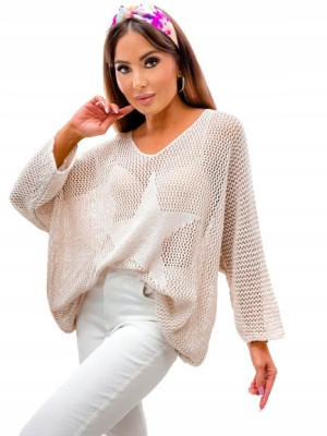Over Size Sweter z Gwiazdą z Przodu-BEŻOWY