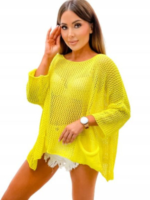 Oversize Sweter Asymetryczny Z Kieszeniami-żółty
