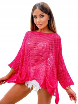 Oversize Sweter Asymetryczny Z Kieszeniami-fuksja