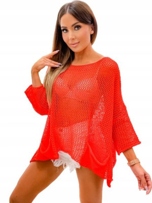 Oversize Sweter Asymetryczny Z Kieszeniami-orange