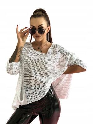 Oversize Sweter Asymetryczny Z Kieszeniami-biały