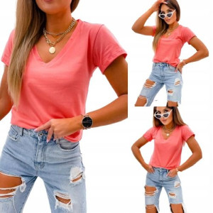 T-shirt basic z Wycięciem w Serek-KORALOWY