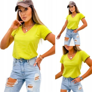 T-shirt basic z Wycięciem w Serek-Żółty