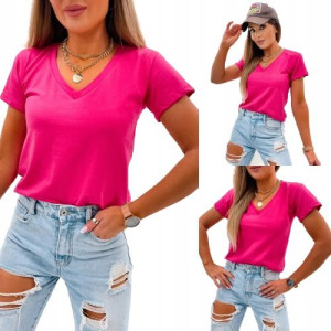 T-shirt basic z Wycięciem w Serek-FUKSJA