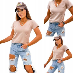 T-shirt basic z Wycięciem w Serek-Beżowy