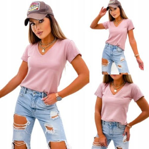 T-shirt basic z Wycięciem w Serek-Puder Róż