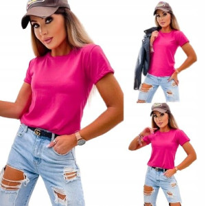 T-shirt basic z Okrągłym Dekoltem-FUKSJA