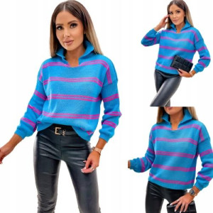 Sweter w paski z kołnierzykiem NIEBIESKA - FUKSJA