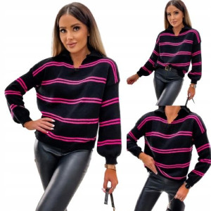 Sweter w paski z kołnierzykiem CZARNA - FUKSJA