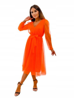 Tiulowa Sukienka z Ozdobnym Paskiem-ORANGE