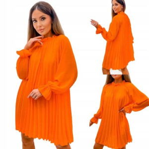 Sukienka Plisowana z Długim Rękawem-Orange