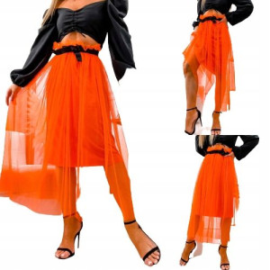 Stylowa Spódnica Maxi Tiulowa Plisowana-Orange