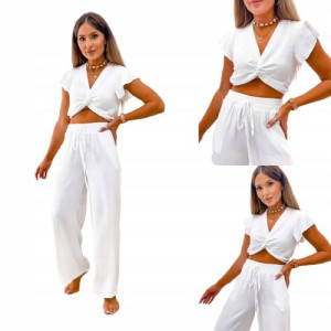 Komplet Crop Top Ze Spodniami-BIAŁY